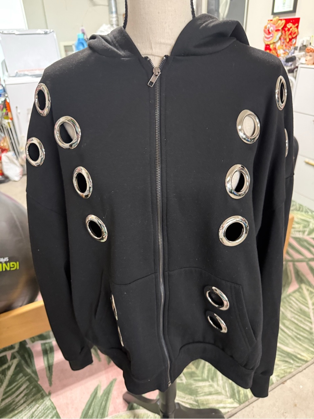 Black Hooded Zip Jacket and pants with Silver Eyelet Accents